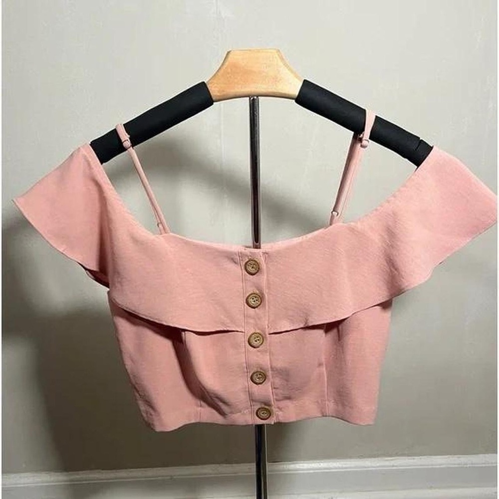Lulu's Blush Buttoned Off-Shoulder Crop Top